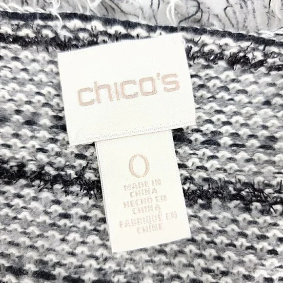 Chico's EUC Women's 0 Black White Laced Fringe Cardigan Cotton Blend Tweed - Picture 9 of 11